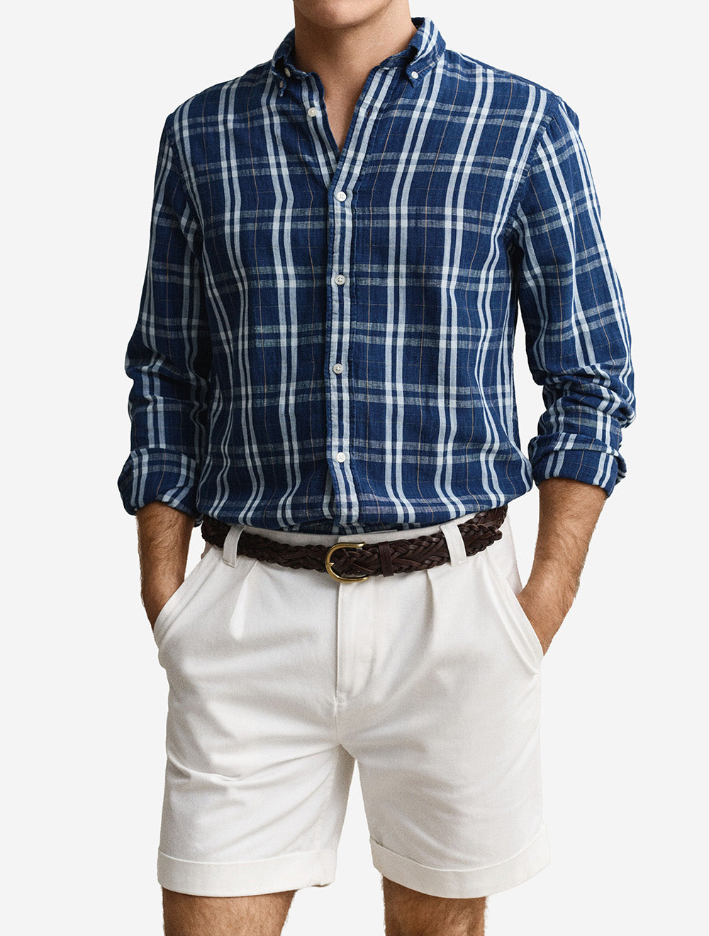 Regular Cotton Linen Indigo Check Shirt Light Indigo