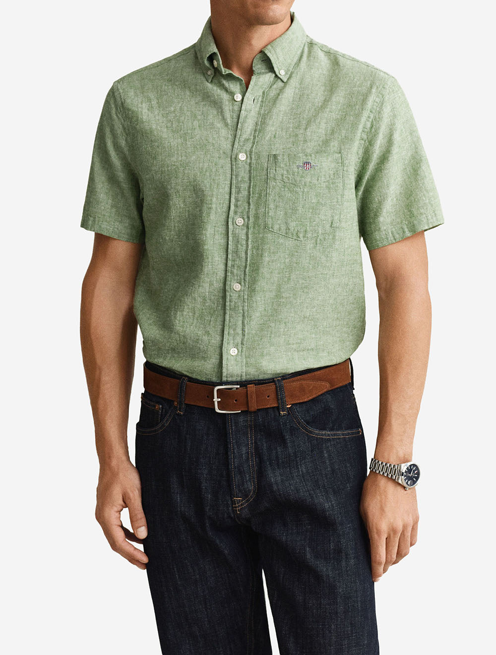 Regular Cotton Linen Short Sleeve Shirt Herb Green