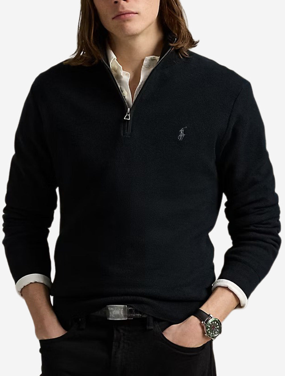 Half Zip Piqué Pullover Black