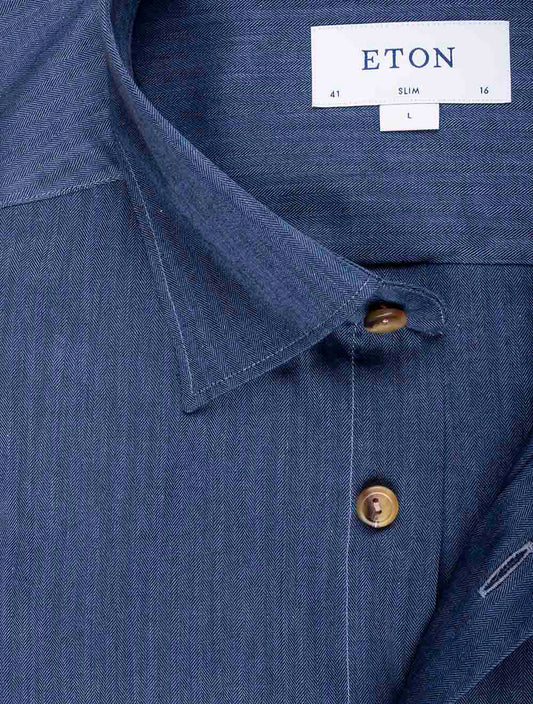 ETON Slim Fit Herringbone Flannel Shirt Blue