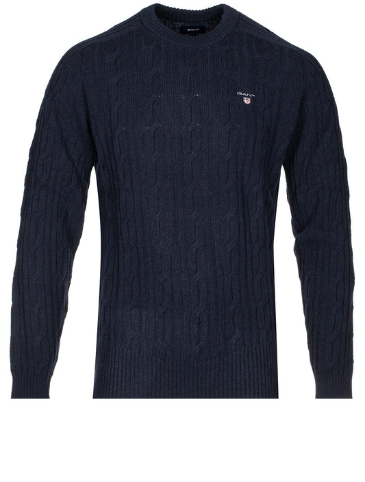 Lambswool Cable Crew Neck Sweater-Evening Blue