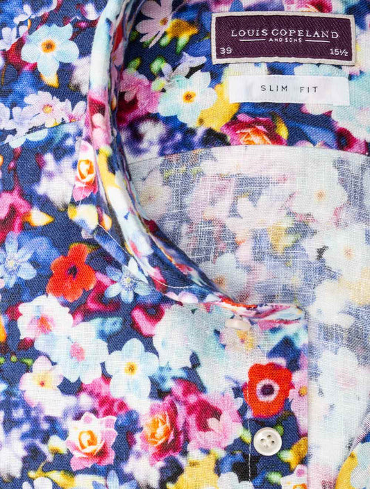 Multi Coloured Floral Linen Slim Fit Shirt by Louis Copeland