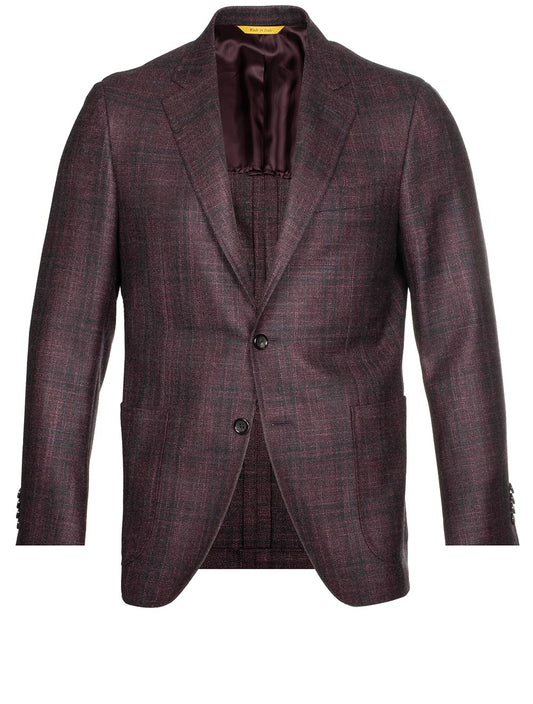 Canali Kei Unlined Check Jacket Burgundy 2 Button Single Breasted Soft Shoulder Patch Pockets 1