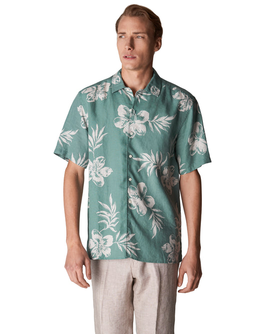 Contemporary Fit Short Sleeve Linen Floral Shirt Green