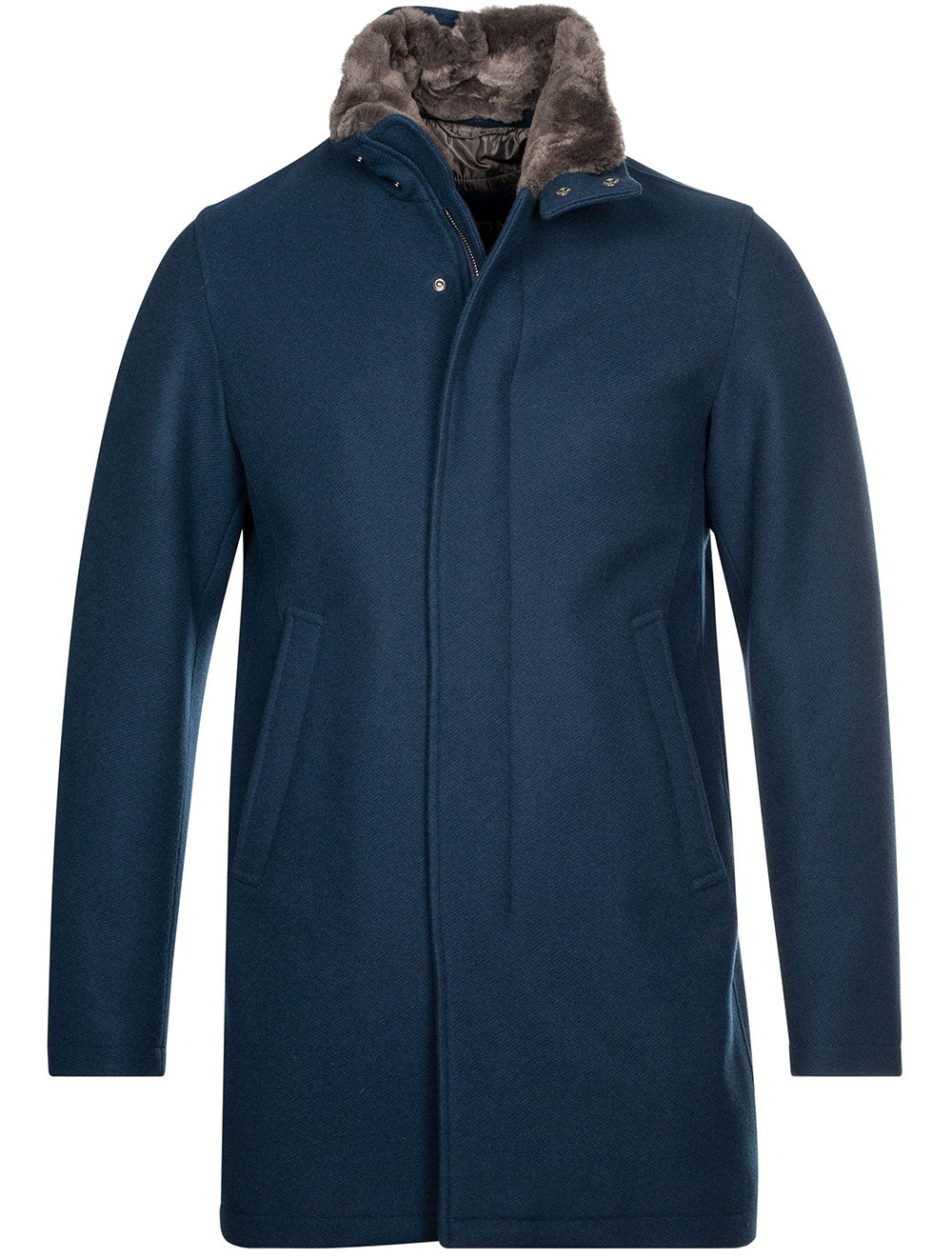 Herno Beaver Fur Collar Car Coat Blue MI