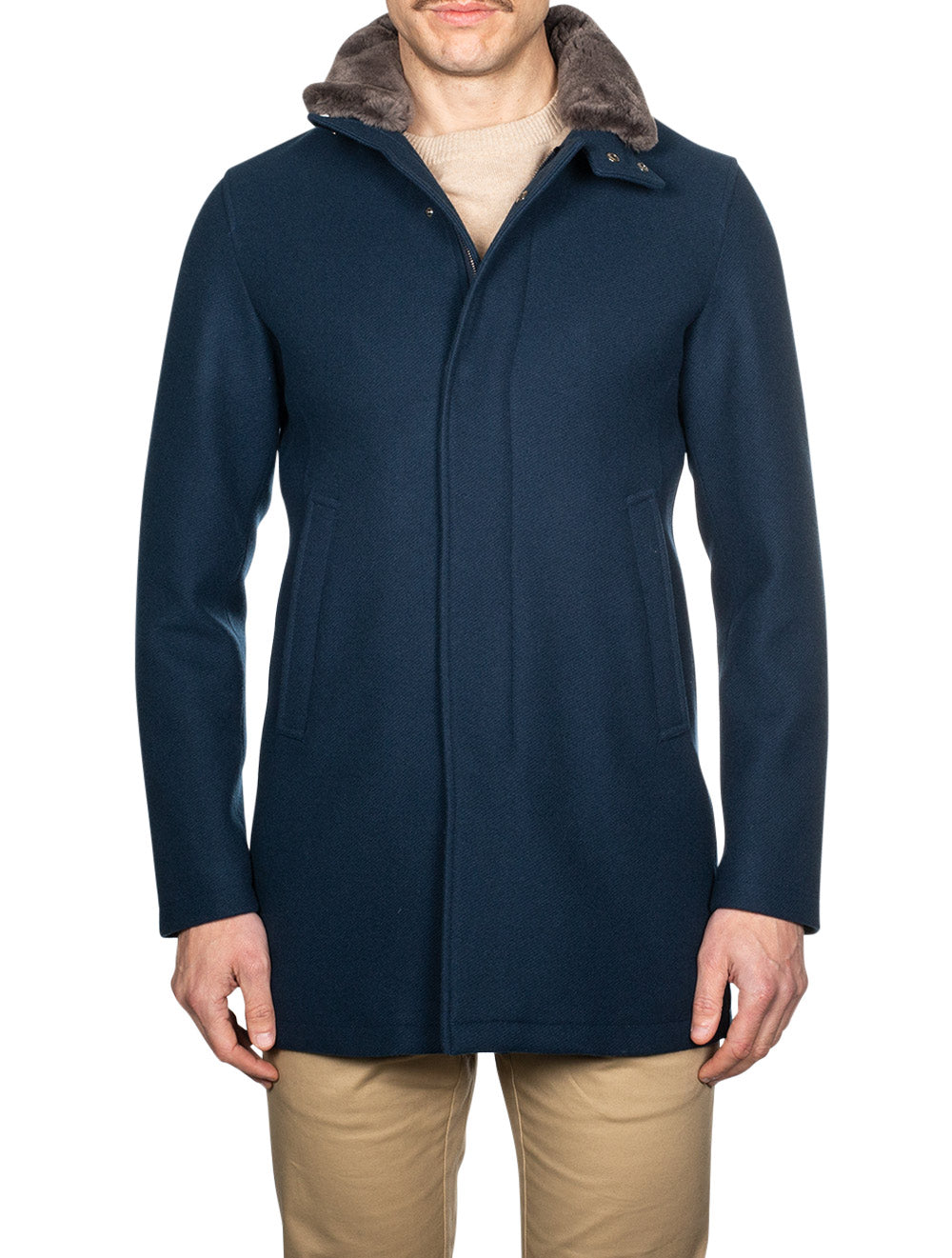 Herno Beaver Fur Collar Car Coat Blue AI1