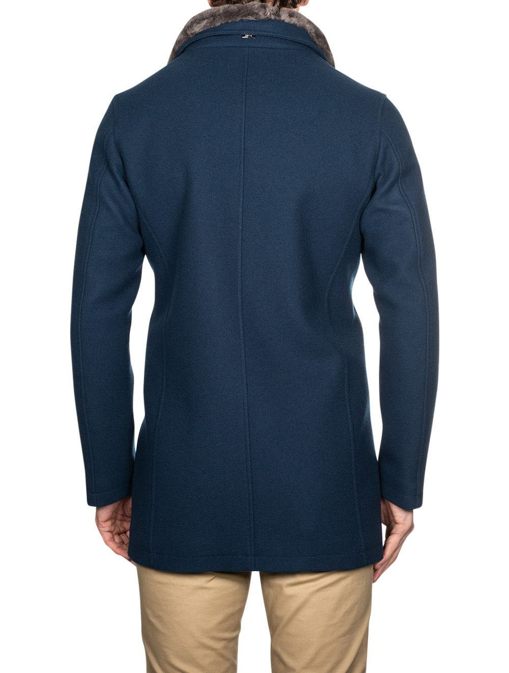 Herno Beaver Fur Collar Car Coat Blue AI2