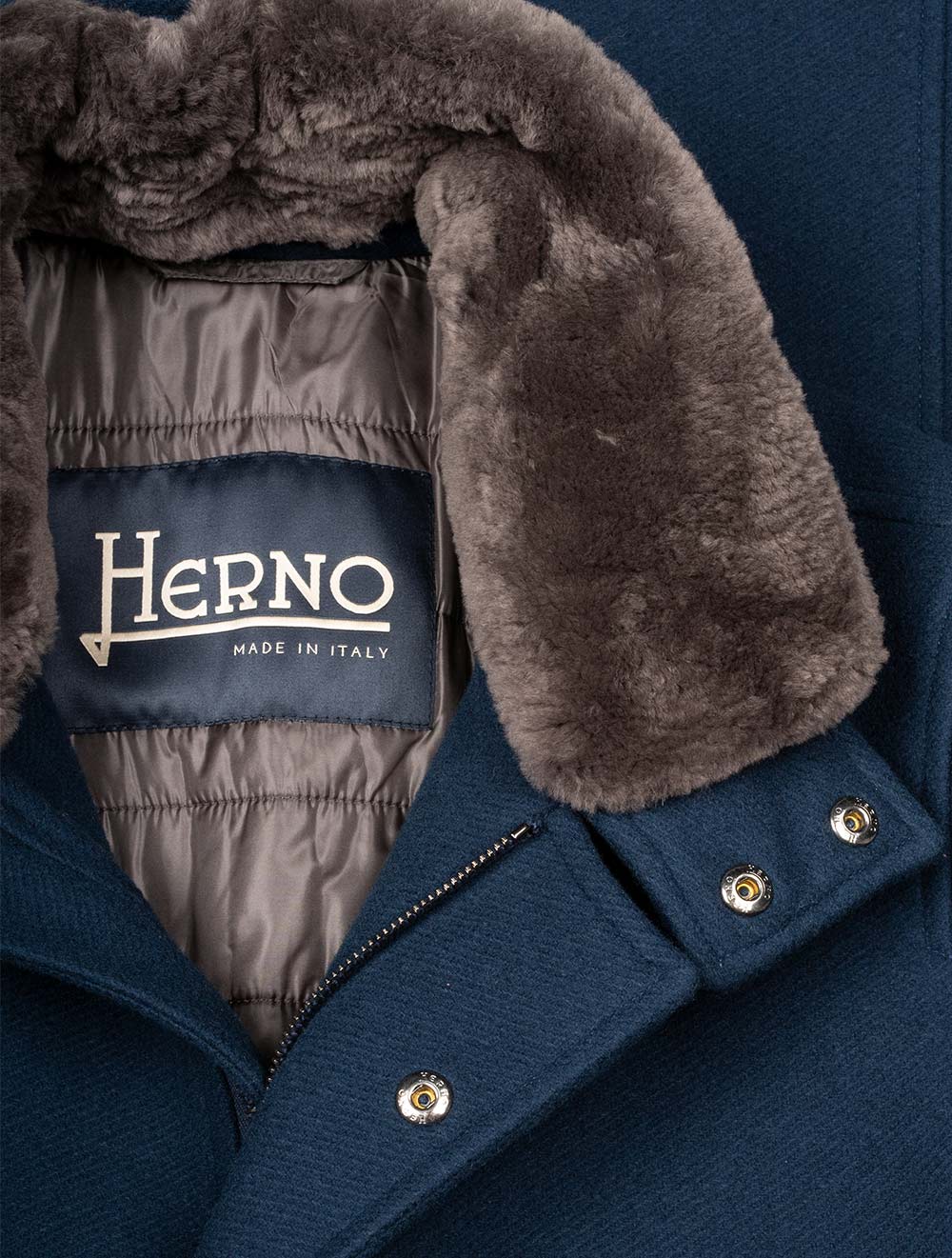 Herno Beaver Fur Collar Car Coat Blue AI3