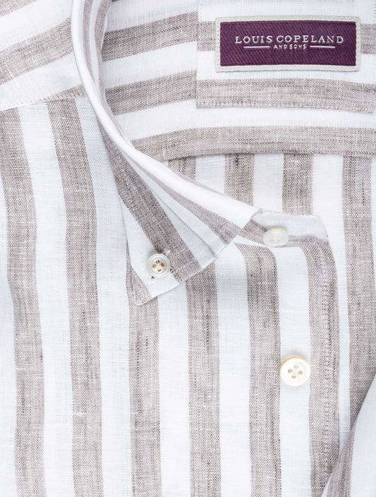 LOUIS COPELAND Linen Stripe Buttondown Shirt Beige