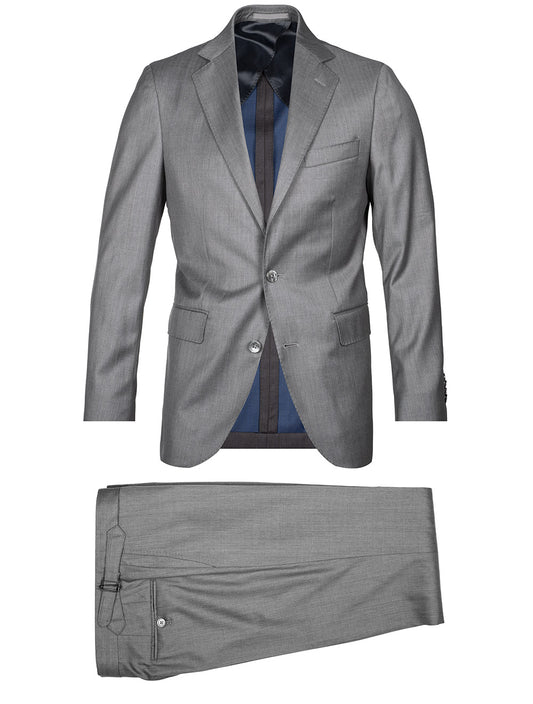 Louis Copeland Herringbone Wool Silk Suit Grey 2 piece 2 button notch lapel soft shoulder flap pockets 1
